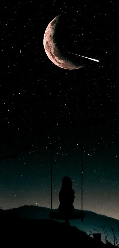 Night sky wallpaper with moon, stars, and a swing silhouette.