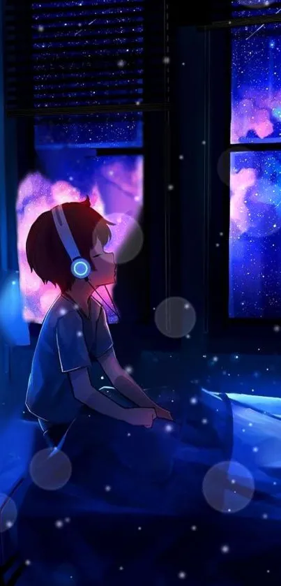 Cartoon boy stargazing through window at night.