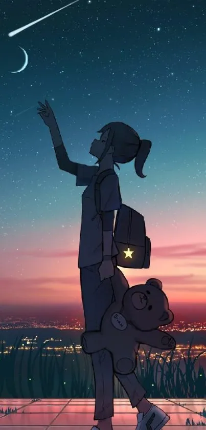 Anime silhouette reaching for stars under twilight sky.