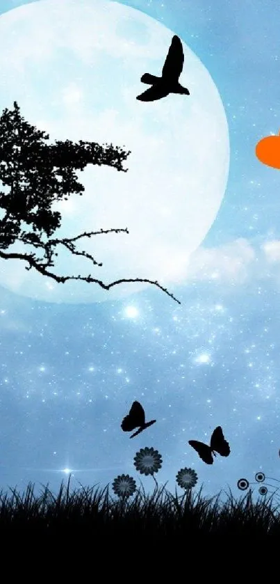 Enchanting sky with moon, silhouettes, and an orange heart.