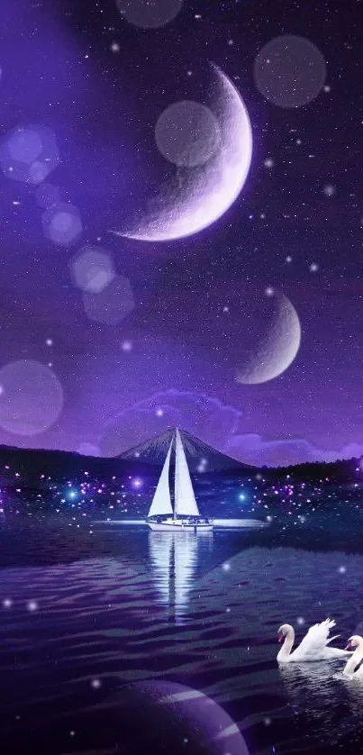 Dreamy night sky with swans and sailboat under crescent moons.