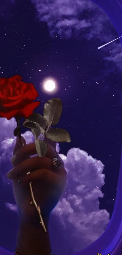 Hand holding a rose through airplane window with starry night sky.