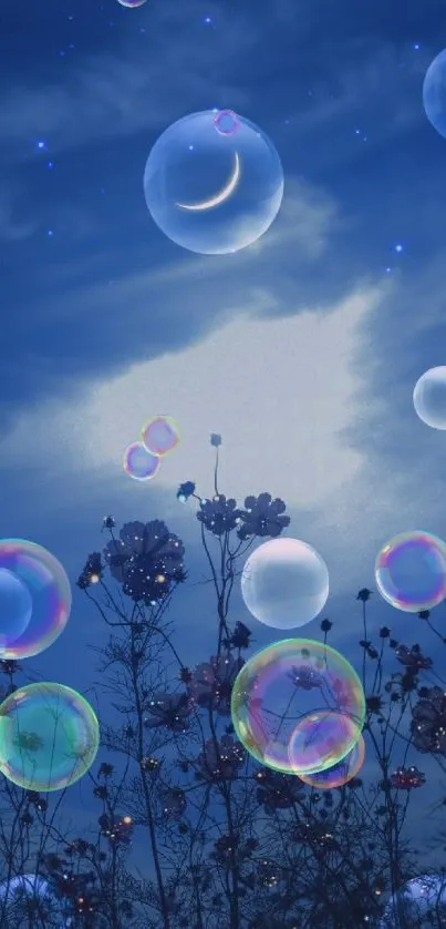 Dreamy night sky wallpaper with glowing orbs and silhouetted flowers.