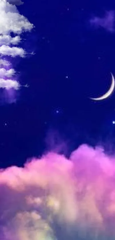 Dreamy night sky with crescent moon and vibrant clouds.