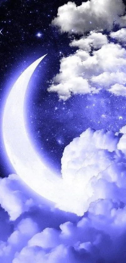 Dreamy night sky with crescent moon and clouds