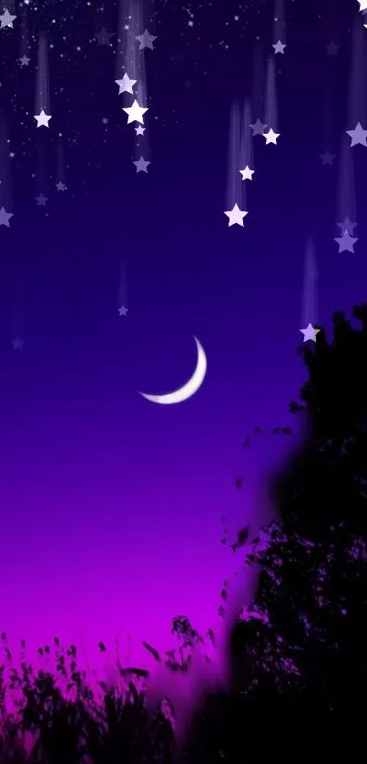 Enchanting night sky with crescent moon and stars falling over a purple horizon.