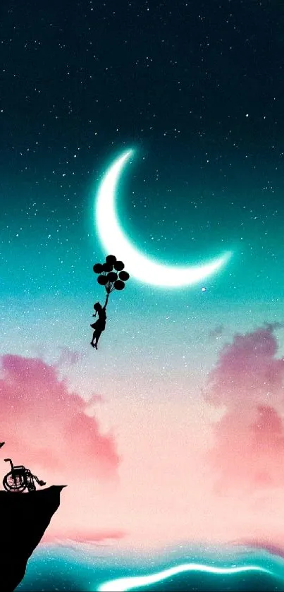 Dreamy sky with crescent moon and balloons.