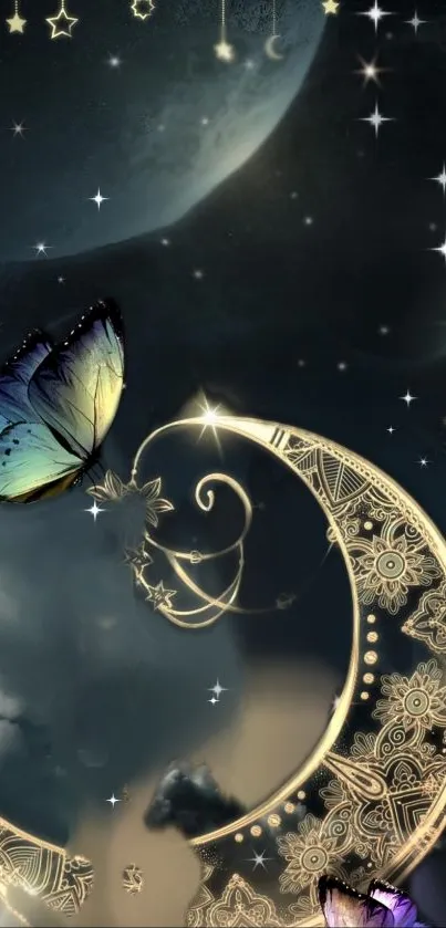 Dreamy mobile wallpaper with celestial theme and butterflies.