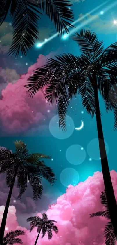 Dreamy night sky with moon and palm trees.