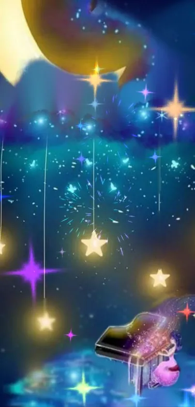 Dreamy wallpaper with moon, stars, and a magical piano.