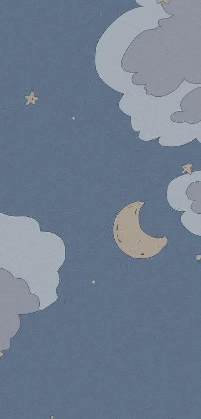 Dreamy night sky wallpaper with clouds, stars, and crescent moon.