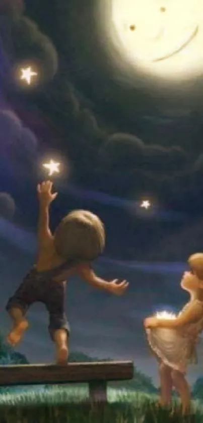 Children reaching for stars under a glowing moon in a dreamy forest night scene.