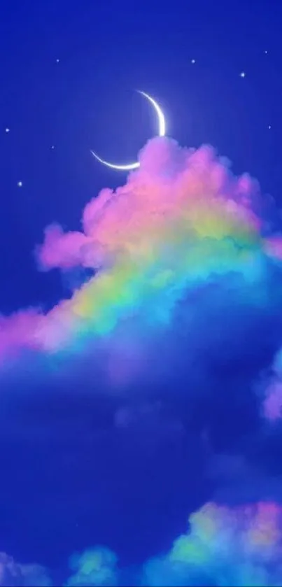 Dreamy night sky with a rainbow cloud and crescent moon.