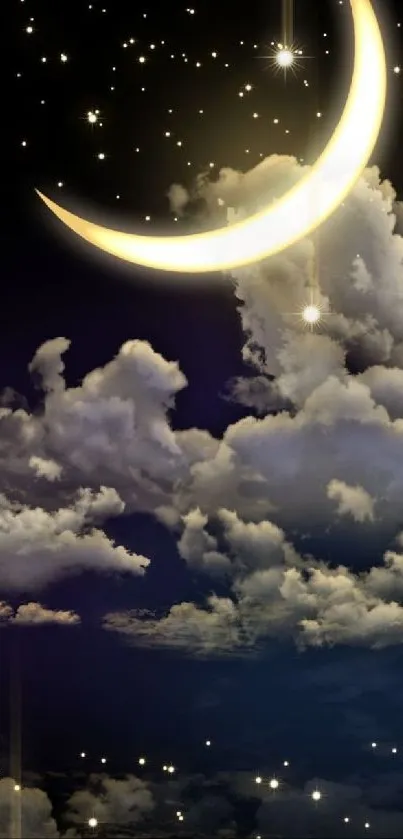 Crescent moon and stars in a serene night sky with clouds.