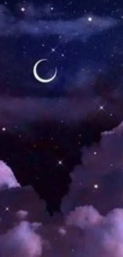 Dreamy night sky with crescent moon and stars.