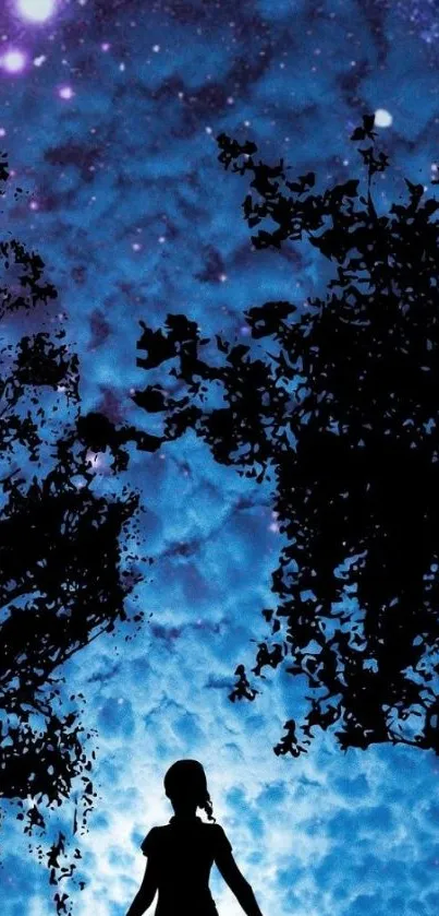 Silhouette under a starry blue night sky with tree borders.