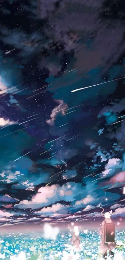 Anime night sky with shooting stars and clouds.