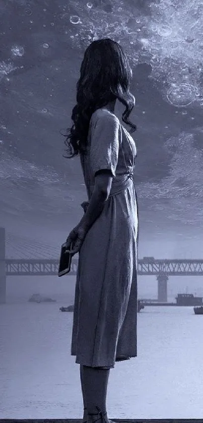 Woman under moonlit sky with bridge in background