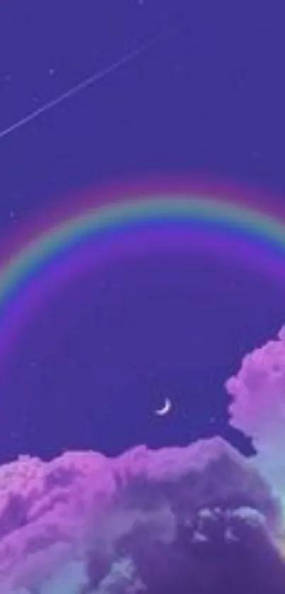 Dreamy night sky wallpaper with rainbow and clouds.