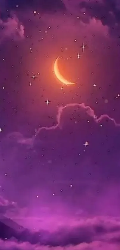 Dreamy night sky with crescent moon and purple clouds wallpaper.