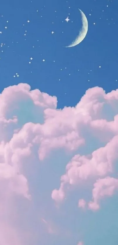 Dreamy wallpaper with moon, stars, and pastel clouds.