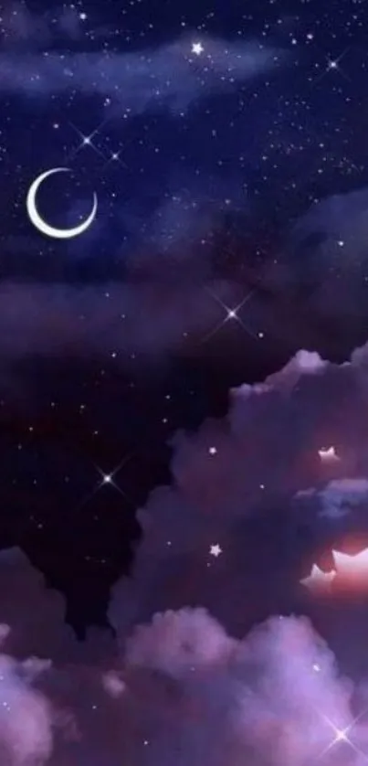 Dreamy night sky with crescent moon and stars.