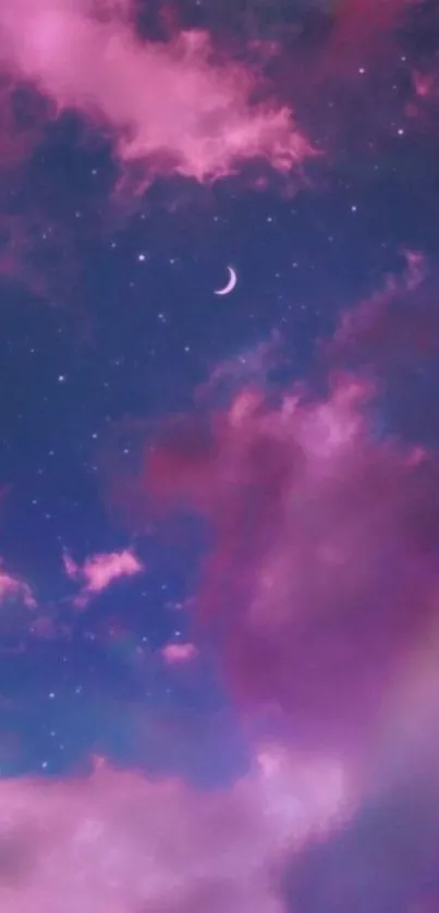 Dreamy night sky with pink clouds and crescent moon wallpaper.