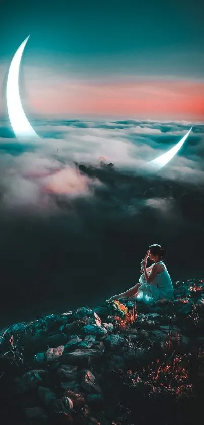 Woman gazing at glowing crescent in fantasy night sky.