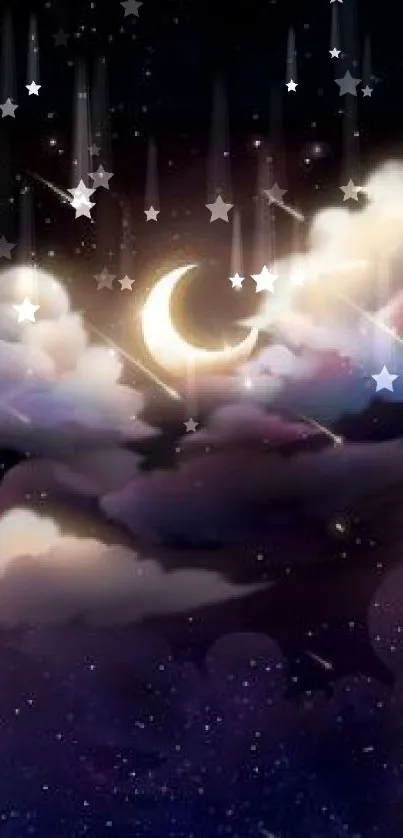 Dreamy night sky with crescent moon and stars.
