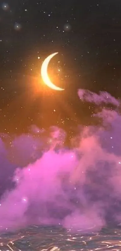 Dreamy purple night sky with crescent moon and stars.