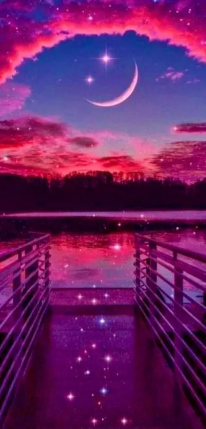 Dreamy night sky with crescent moon, stars, and purple clouds over water.