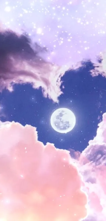 Dreamy night sky with clouds and a luminous moon in pastel shades.