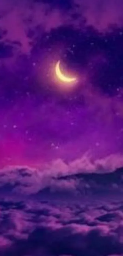 Dreamy night sky with crescent moon and purple clouds.