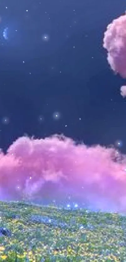 Dreamy night sky with pink clouds and vibrant stars.