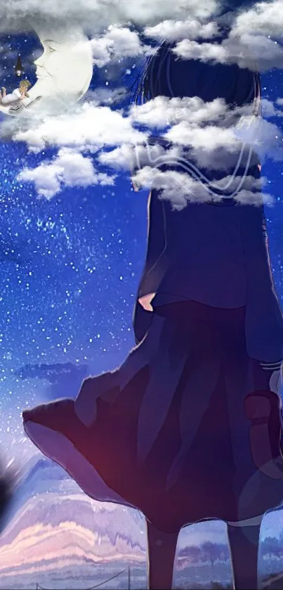 Girl gazes at a fantastical night sky with clouds and moon.