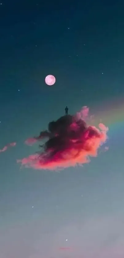 Dreamy wallpaper with moon, cloud, and rainbow in a night sky.