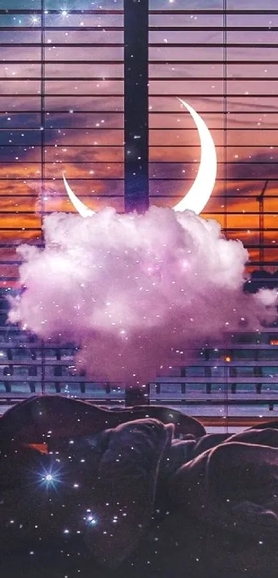 Dreamy night sky wallpaper with a moonlit cloud and starry background.