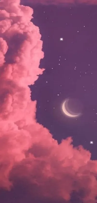 Dreamy night sky with pink clouds and crescent moon wallpaper.