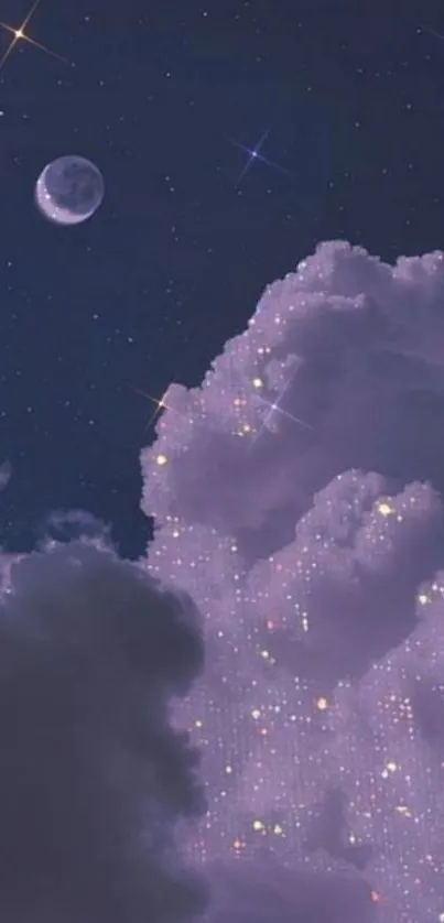 Dreamy night sky with starry clouds and a visible moon.