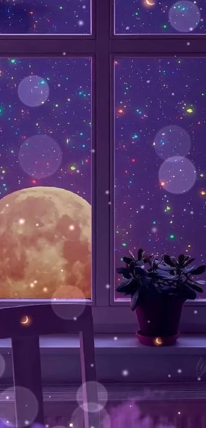 Purple night sky with stars and moon through a window.