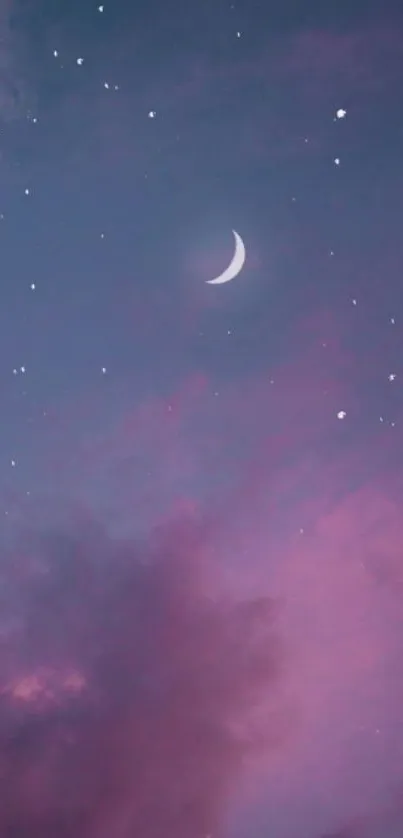 Dreamy night sky wallpaper with crescent moon and stars.