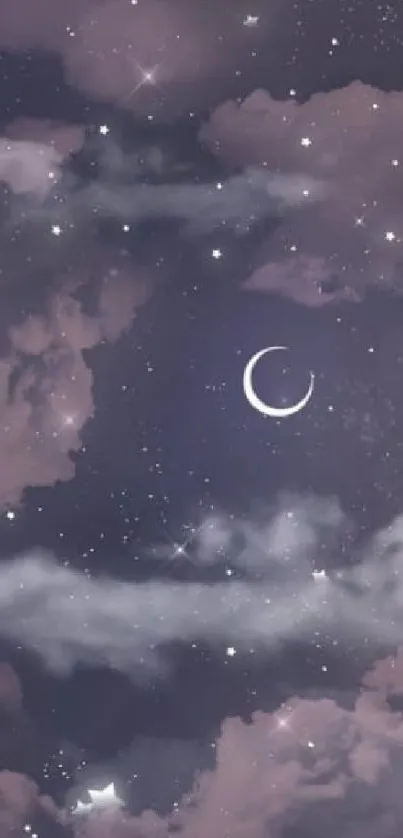 Dreamy night sky wallpaper with a crescent moon and pastel clouds.