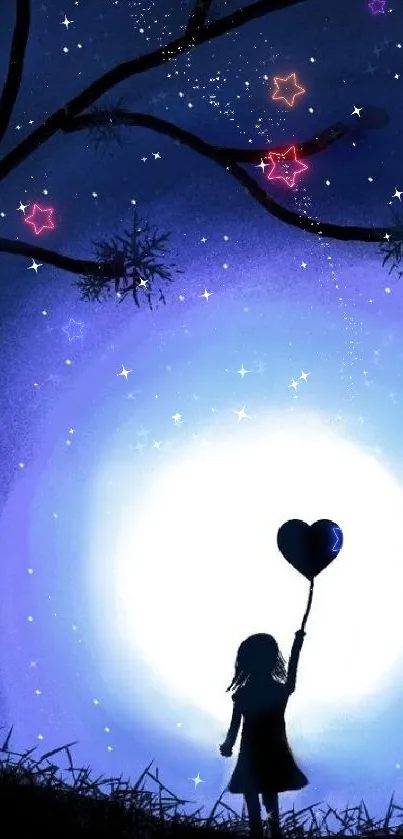 Silhouette of a girl holding a heart balloon under a starry night sky.