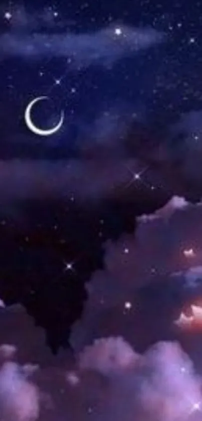 Dreamy night sky with stars and crescent moon above purple clouds.