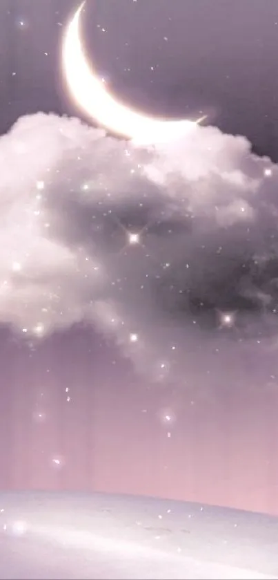 Dreamy lavender night sky with moon and stars wallpaper.