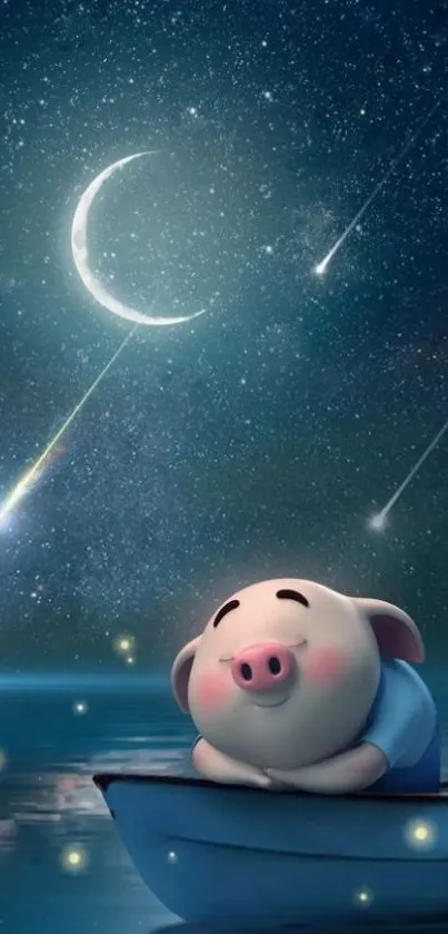 Cute pig in boat under starry night sky.