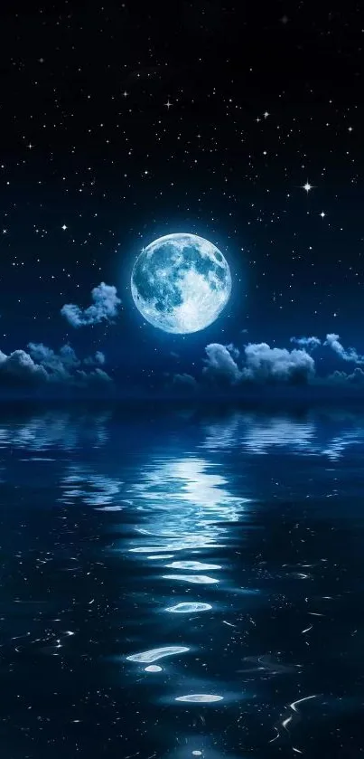 Night sky wallpaper with a glowing full moon and starry reflections on water.