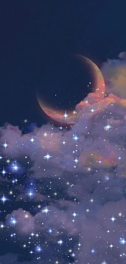 Dreamy wallpaper featuring a crescent moon, stars, and ethereal clouds.