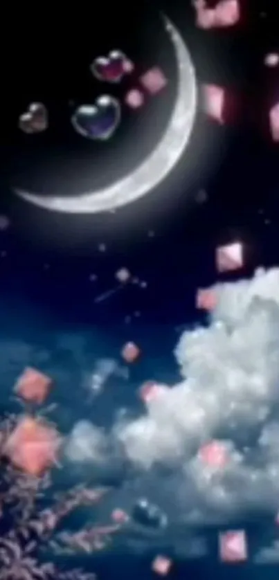 Dreamy night sky wallpaper with crescent moon and pink cubes.