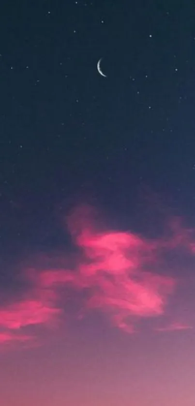 Mobile wallpaper featuring a night sky with crescent moon and pink clouds.